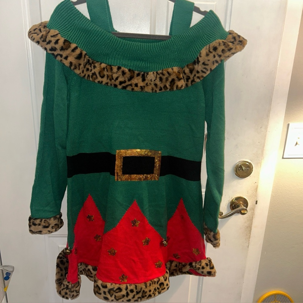 NWT Holiday Time Ladies Elf Dress With Leopard Trim And Bells Size XL